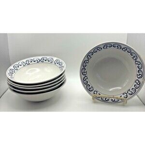 Set of 4–Oneida Casual Settings BELLE Cereal Soup Bowls Blue White Stoneware 80s